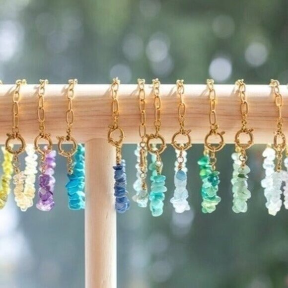 BUNDLE Aqua Chalcedony Drop Earrings & Amazonite Gemstone Bracelet Gold Chain - Picture 9 of 12